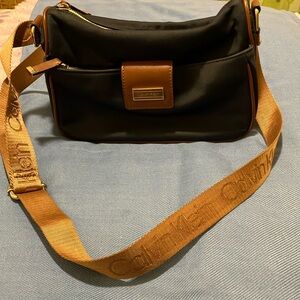 Calvin Klein Navy and Tan Material Crossbody Bag